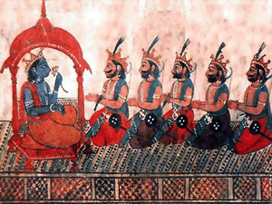 Sri Krishna e os cinco irmãos Pandavas, personagens do épico indiano Mahabharata